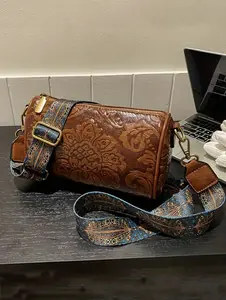 Vintage Style Ethnic Pattern Strap Shoulder Bag for Work & Daily Used, Women's Fashionable Boho Style Floral Decor Crossbody Bag, Trendy Boston Bag/Pillow Bag