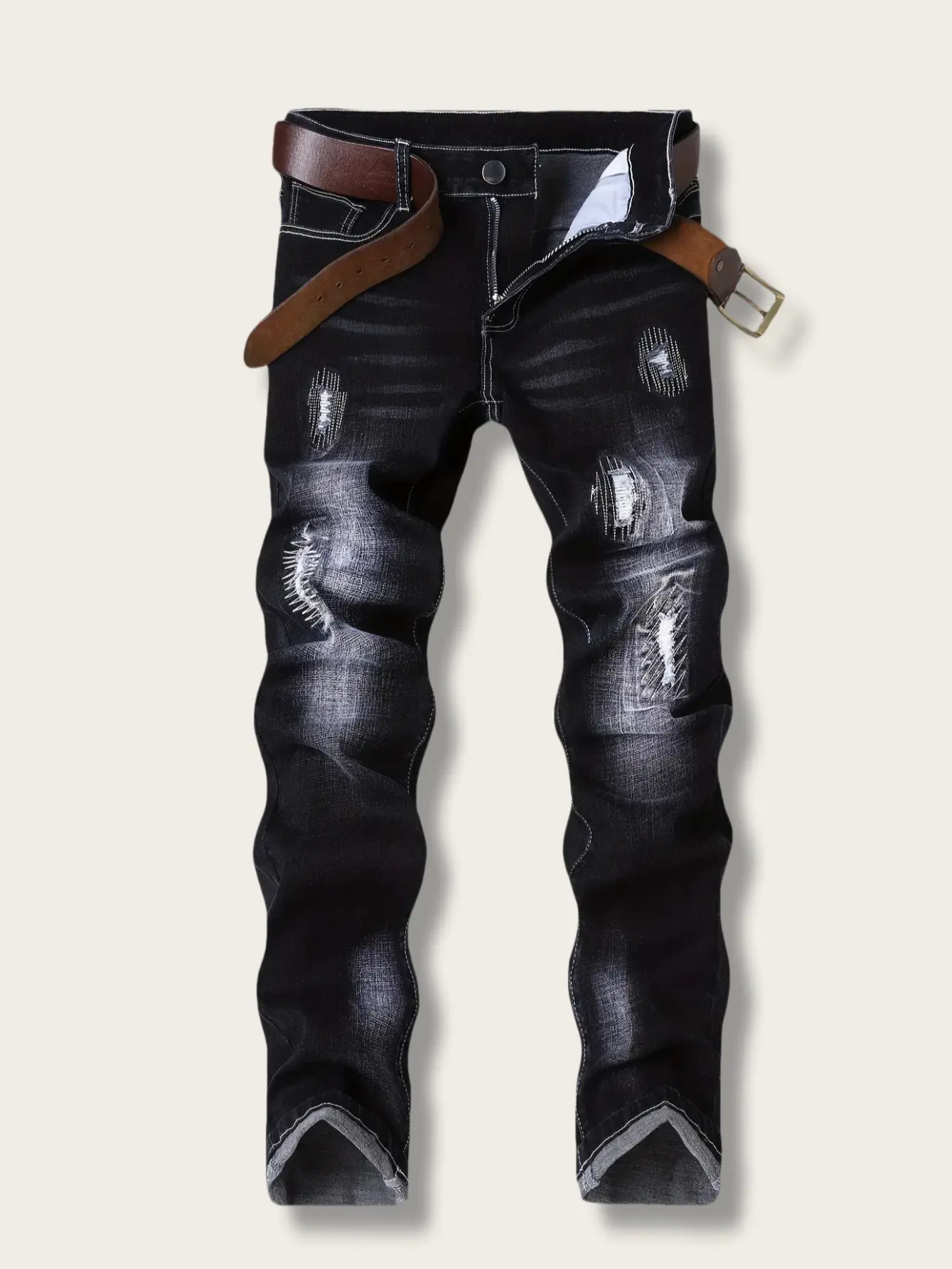 Men's Slim Fit Ripped Flared Leg Jeans - Dark Blue Stretch Denim with Stacked Design, Casual Halloween Fashion Apparel Pants for Menswear, Ripped Jeans, Flared Leg Design, Christmas, Embroidery, Valentines Day, Stylish, Stacked Flare, Chic, Tie Dye, Below