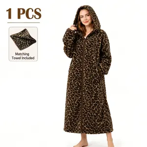 Leopard Print Women's Wearable Blanket, Ultra-Long Hooded Zipper Lamb Fleece, Soft Plush Bathrobe, Comfortable Reading, Includes Matching Towel