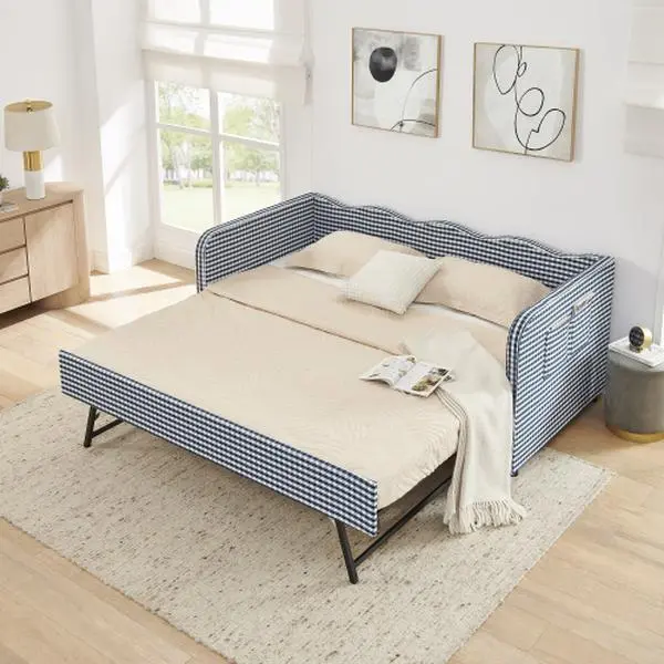Bellemave Twin-Size Gingham Upholstered 3-in-1 Convertible Sofa Daybed - Couch That Pulls Out Into Bed, Pull-Out Trundle, Side Storage Pockets, Ideal for Small-Space Living, Couch That Pulls Out Into Bed Original