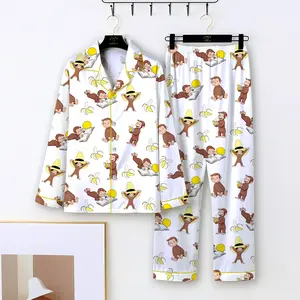 Women's Monkey Banana Print Pajama Set , Cute Monkey & Banana All-Over Print Lapel Collar Button-Front Shirt & Elastic Waist Pants, All-Season Sleepwear, Pajamas for -Like s, Themed Costume Party Outfit