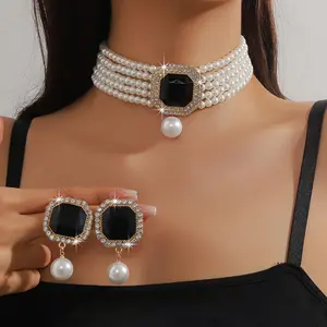 3pcs Vintage Inspired Jewelry Ensemble - Multi-Strand Faux Beaded Choker and Dangle Earrings with Geometric Rhinestone Embellishments Versatile for Everyday,