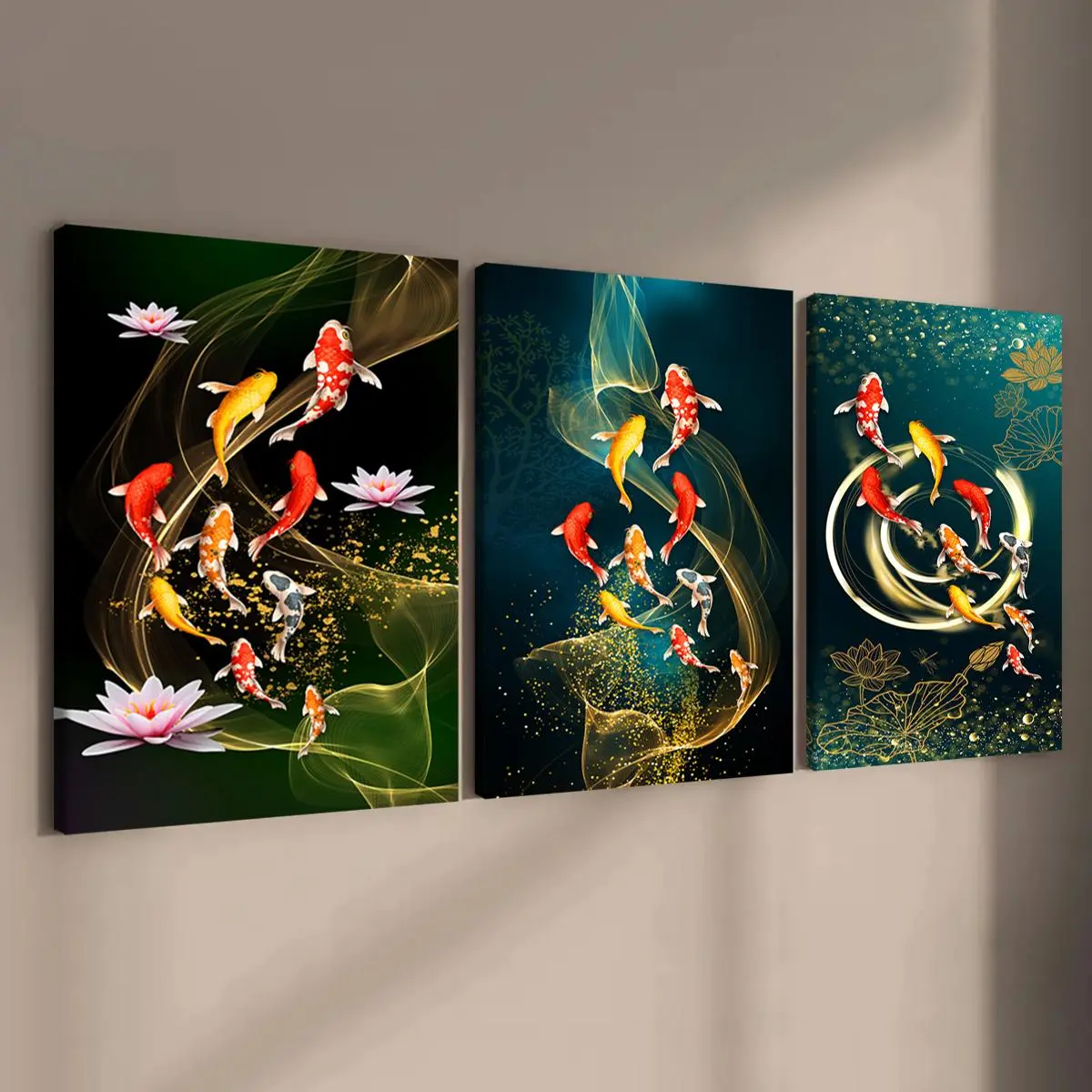 Wooden Framed Canvas Painting, 3 Counts/set Modern Artistic Koi Fish Pattern Wall Art, Wall Decor for Home Living Room Bedroom Office Decoration, Aesthetic Wall Decor, Decoration Items, Room Decorations