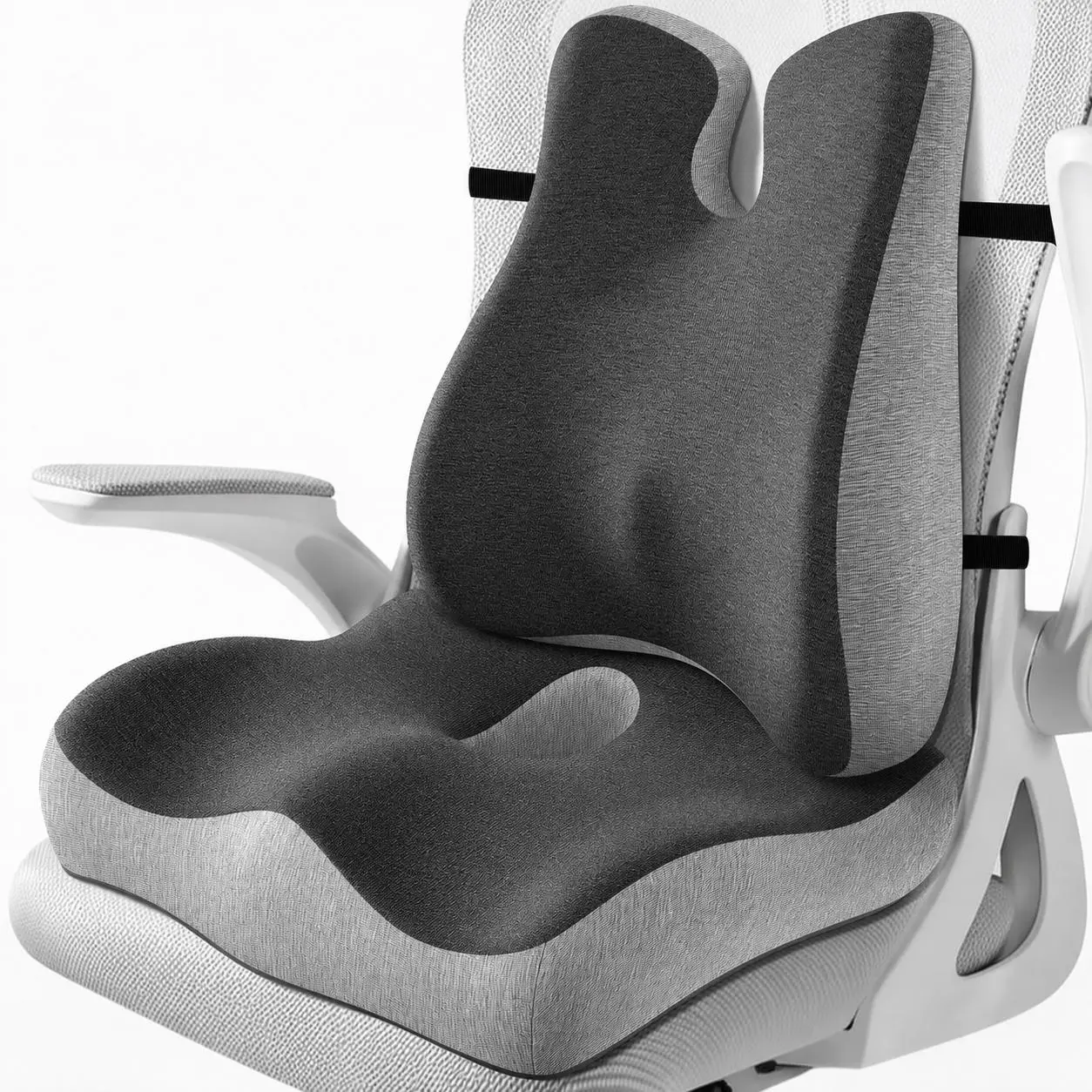 Ergonomic Orthopedic Memory Foam Seat Cushion & Lumbar Support Back Pillow Set - Contoured, Large, Extra Thick, Anti-Slip Base, Coccyx Cutout for Hip, Tailbone, Sciatica Relief, Alleviates Back Pain, Comfortable All Day - Car Use, Ergonomic Memory Foam Fu