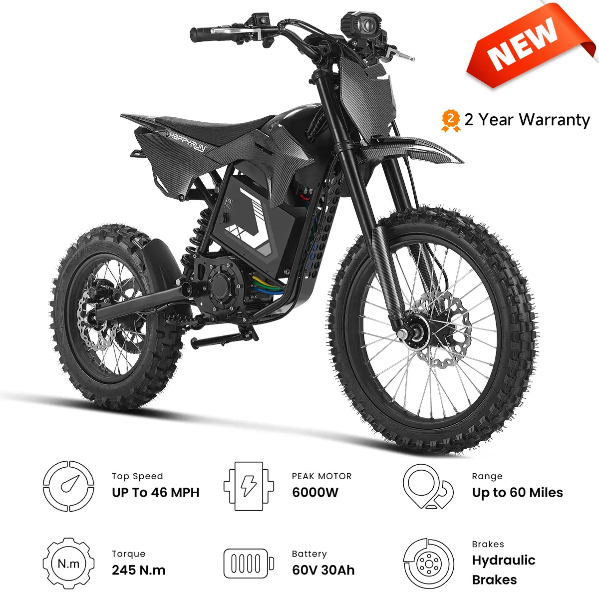 HappyRun F18 2.0 Electric Mountain Bike - 6000W Peak Power, 46 mph Top Speed, 60V 30AH Removable Battery, 60 mi Range, 17" Tires, Dual Hydraulic Brakes, Trail & Snow Cycling E-Bike