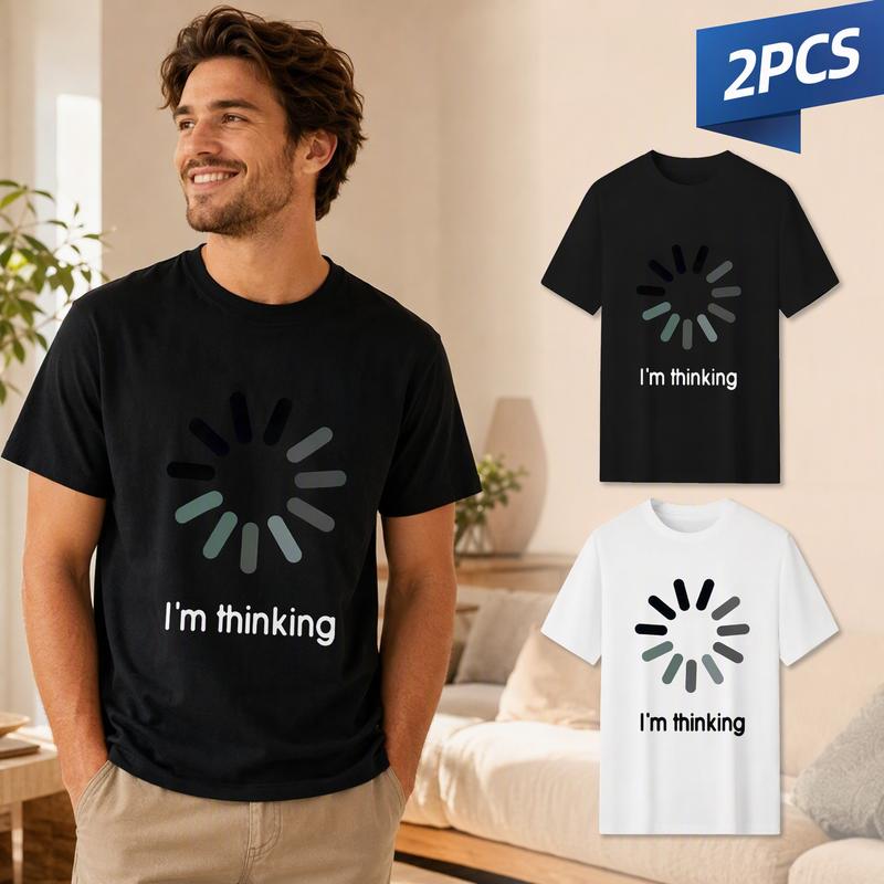 Menswear Short-Sleeve Round Neck T-Shirt - Men's Black & White "I'm Thinking" Loading Icon Print, Casual Summer Streetwear Clothing, Machine Washable Tech-Themed Top