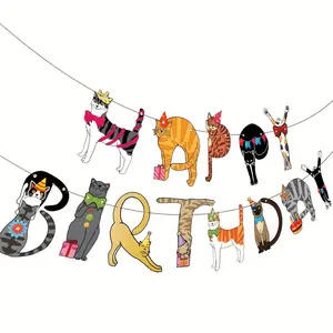 Cat Birthday Garland, Cat-Themed Happy Birthday Banner, Colorful and Fun Party Decoration, Funny Kittens Garland for Kitten Lovers