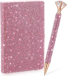 Rhinestone Notebook Pen Sets Bling Pocket Notebook Crystal Pens Mini Diamond Hardcover Glitter Diary Office Desk Accessories for Women(A6,Peach Pink)
