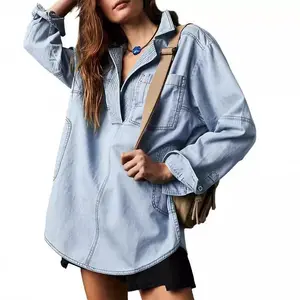 Women’s Casual Long-Sleeve Denim Pullover Top, Turn-Down V-Neck Oversized Denim Shirt
