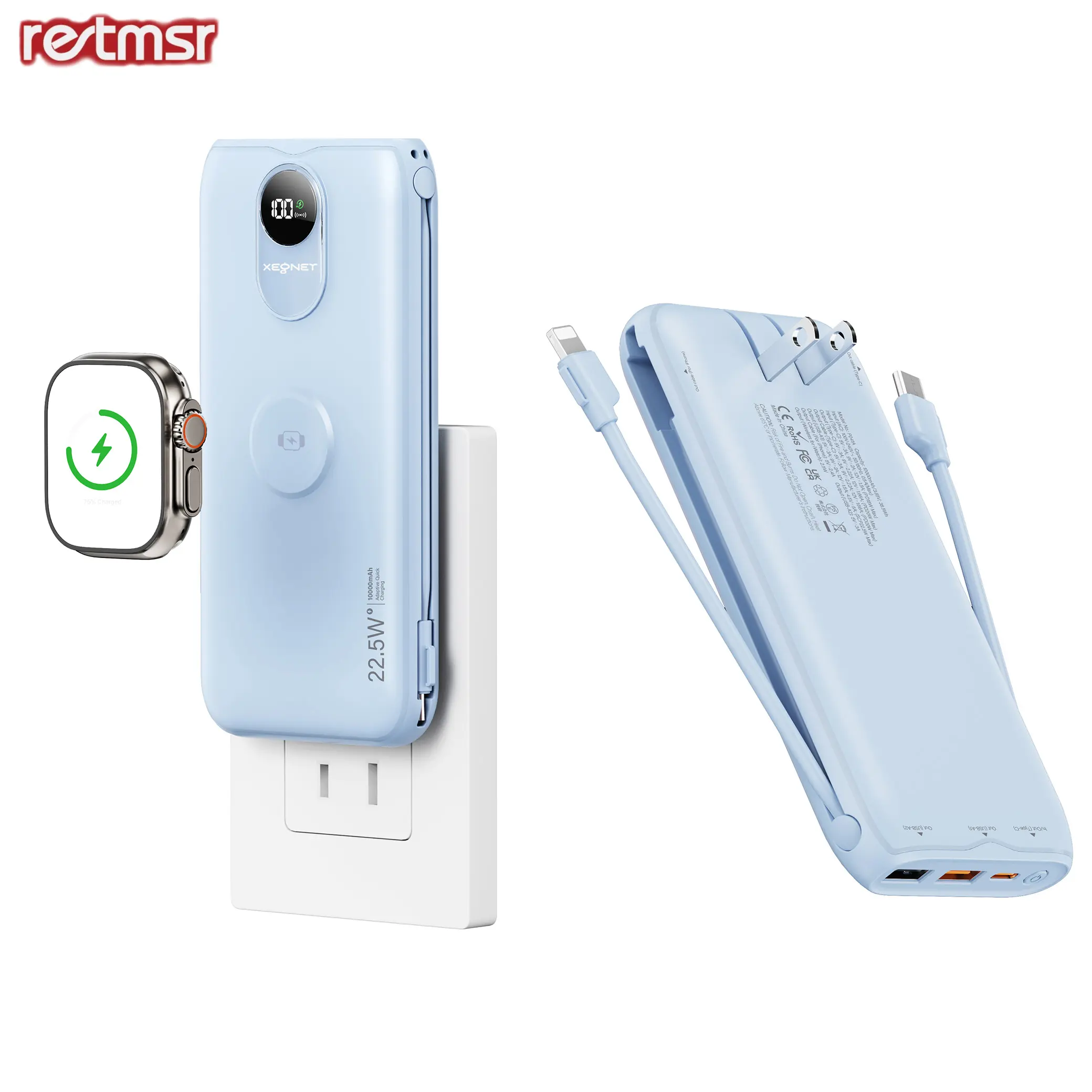 RETMSR Wireless Power Bank (5000-10000mAh) - 22.5W Fast Charging, Foldable Built-in AC Wall Charger, Handheld Portable Charger with Built-in Type-C/USB 2.0/Micro USB Cables, LED Display, Device Protection, Ideal Mobile Digital Accessories Christmas Gift