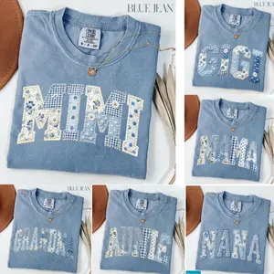 Custom Mama Floral T-shirt Grandma Core Shirt Faux Embroidered Gigi Shirt Varsity Mom Tee Quilt Patchwork Mom Tee