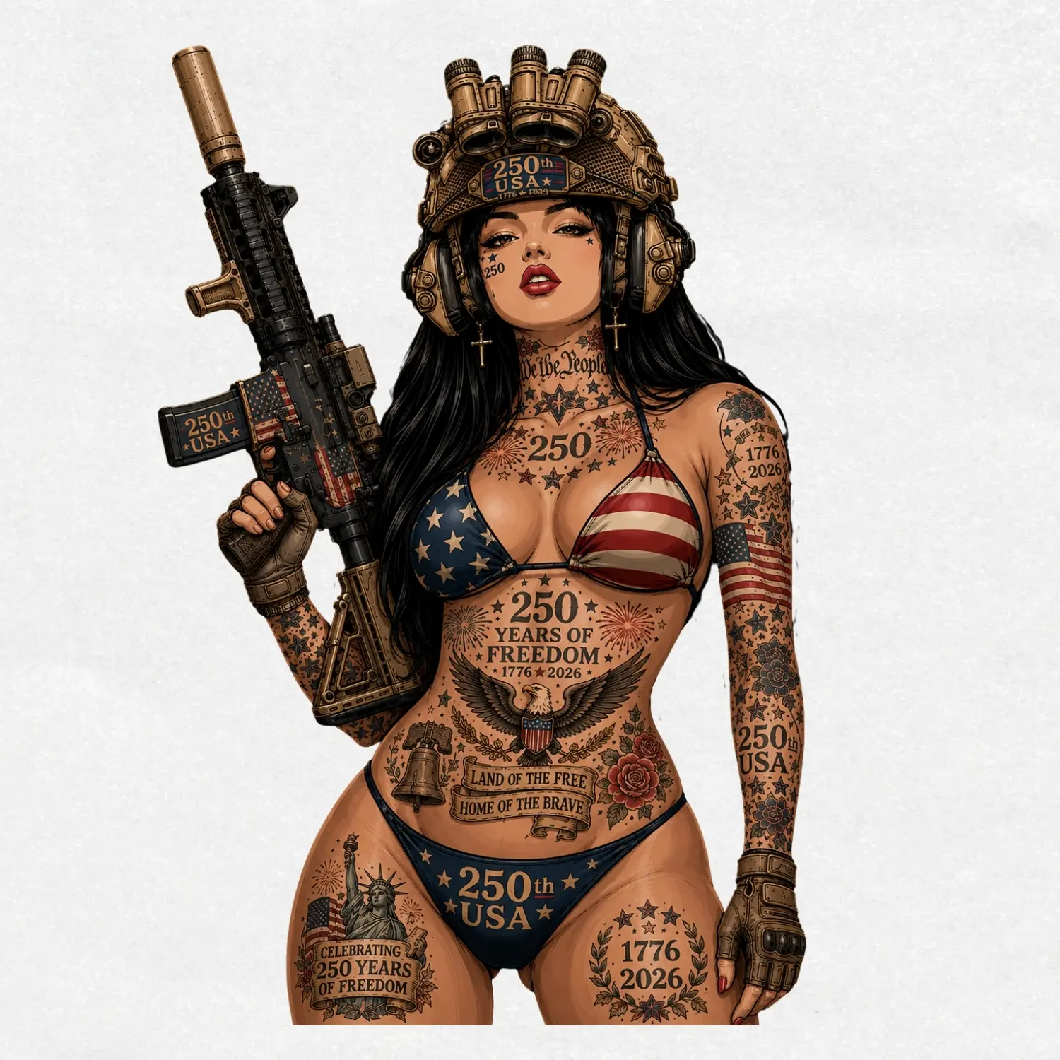 250th USA Tactical Bikini Girl Vinyl Sticker  4th of July Decal  Ops-Core FAST Helmet Patriot Gun Girl