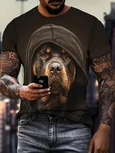 Men's Casual Menswear Rottweiler Print T-Shirt, Soft Polyester Fabric, Round Neck, Short Sleeve, Full Body Dog Design, Perfect for Parties & Wildlife Style