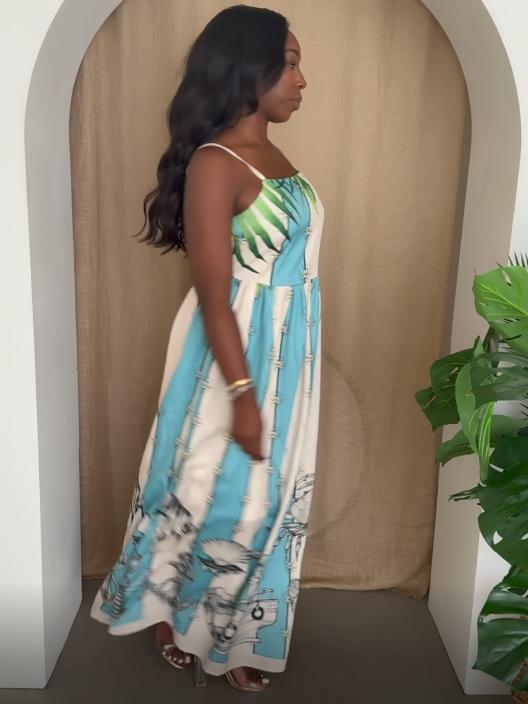 Coastal Serenity Nautical Print Maxi Dress for Timeless Resort Chic - Ocean Inspired Aqua Blue & Cream Stripes, Spaghetti Straps, Full Length Skirt, Casual & Elegant Womenswear