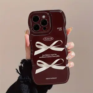 Phone Case - Retro Ins Bow for Apple 16Pro Max Phone Case Iphone15 Wavy Edge 11 Wine Red 13 Soft