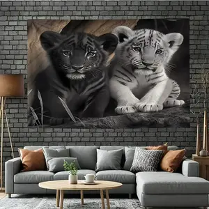 1pc Cute Black and White Tiger Pattern Design Printed Tapestry - Luxurious Polyester Hanging Decor, Suitable for Living Room, Bedroom, and Office Home Decoration - Unique Party Gift, Even More