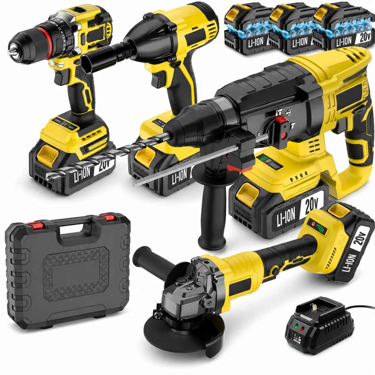 20V Cordless Tool Set with Brushless Drill, Impact Wrench, Angle Grinder & Rotary Hammer, Complete Power Tool Kit with Batteries and Charger for DIY, Woodworking, Construction and Home Repair