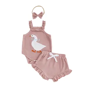 Baby Girl Summer Outfit Sleeveless Duck Embroidery Romper PP Shorts Headband Sets