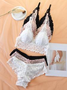 women's back to school lace underwear set, romantic adjustable strap wireless bra & bow decor panty set, fall clothes, women's lingerie set, lingerie for women, women underwear, wireless bras for women, womenswear