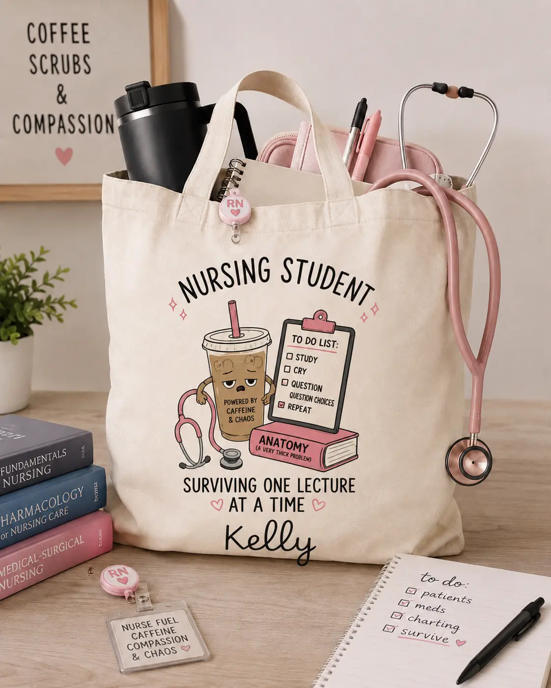 Personalized Nursing Student Illustration Tote Bag | Canvas Book Coffee Stethoscope