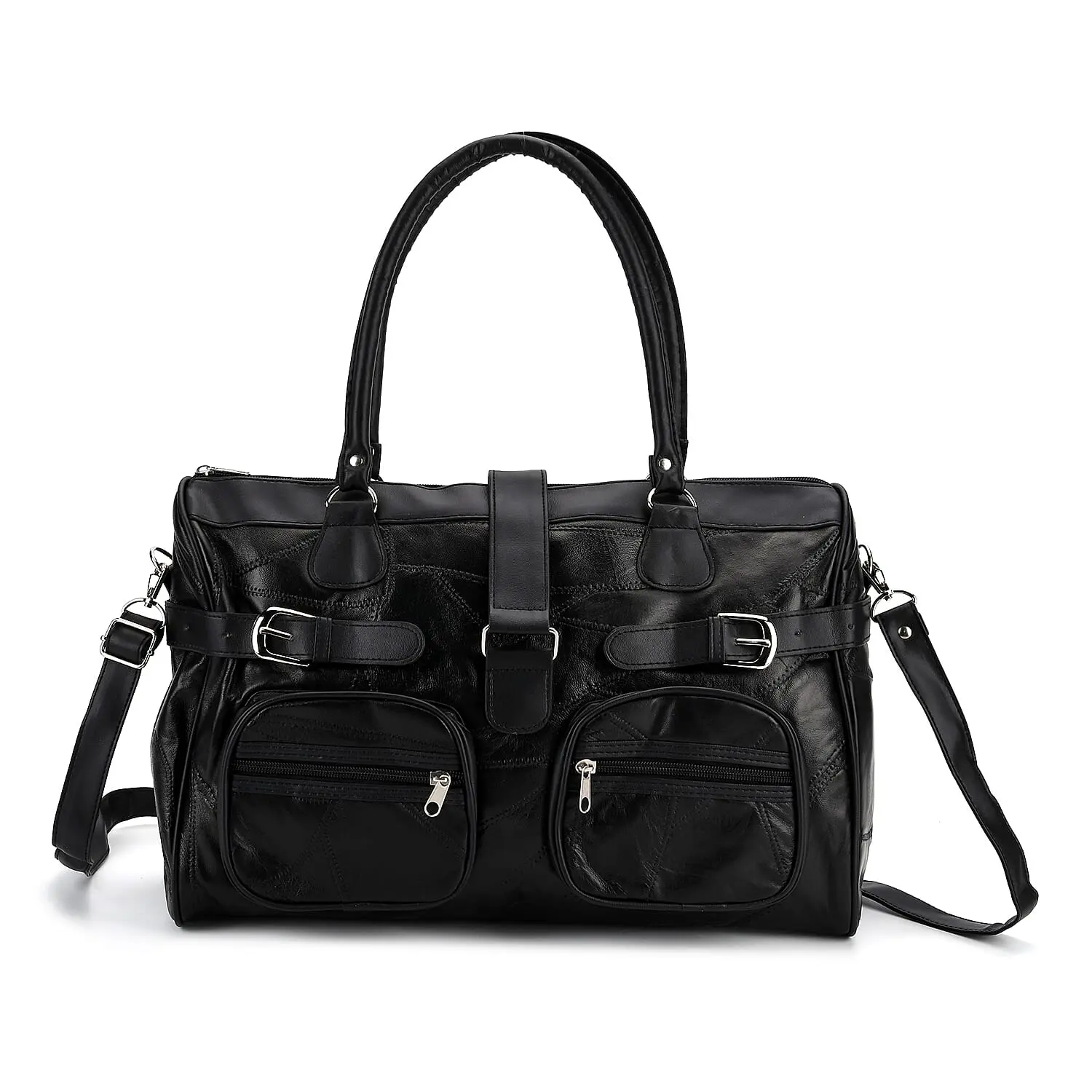 Black Patchwork Sheep Leather Crossbody Bag (15.75"x6.5"x10.04") with Shoulder Strap