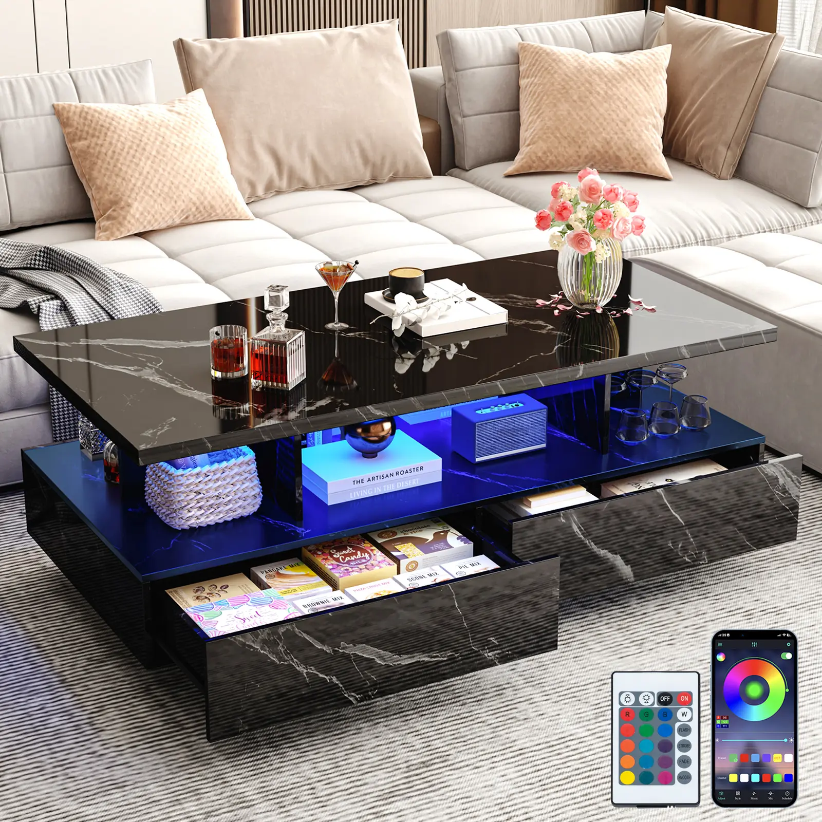 RGB LED Marble Look Rectangular Coffee Table with Sliding Storage Drawers, Modern High-Gloss Center Table with APP Control, Gaming & Living Room Indoor Furniture