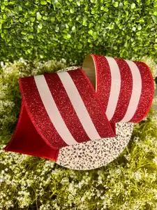 4 Inch By 10 Yard Red And White Vertical Glitter Stripe Fused Ribbon