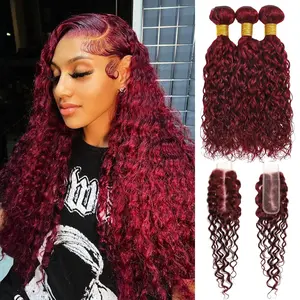 ANMEETAN HD Lace Closure with Bundles Human Hair 99j Dark Burgundy Water Wave, Cherry Wine Red Colored Virgin Remy 3 Bundles and HD Lace Closure With Baby Hair