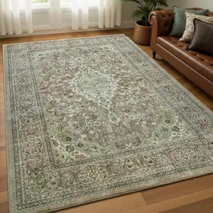 Washable Rug 4x6, Sage Green Area Rugs Non Slip, Indoor Low Pile Carpet with Backing for Living Room Entryway Office Bedroom