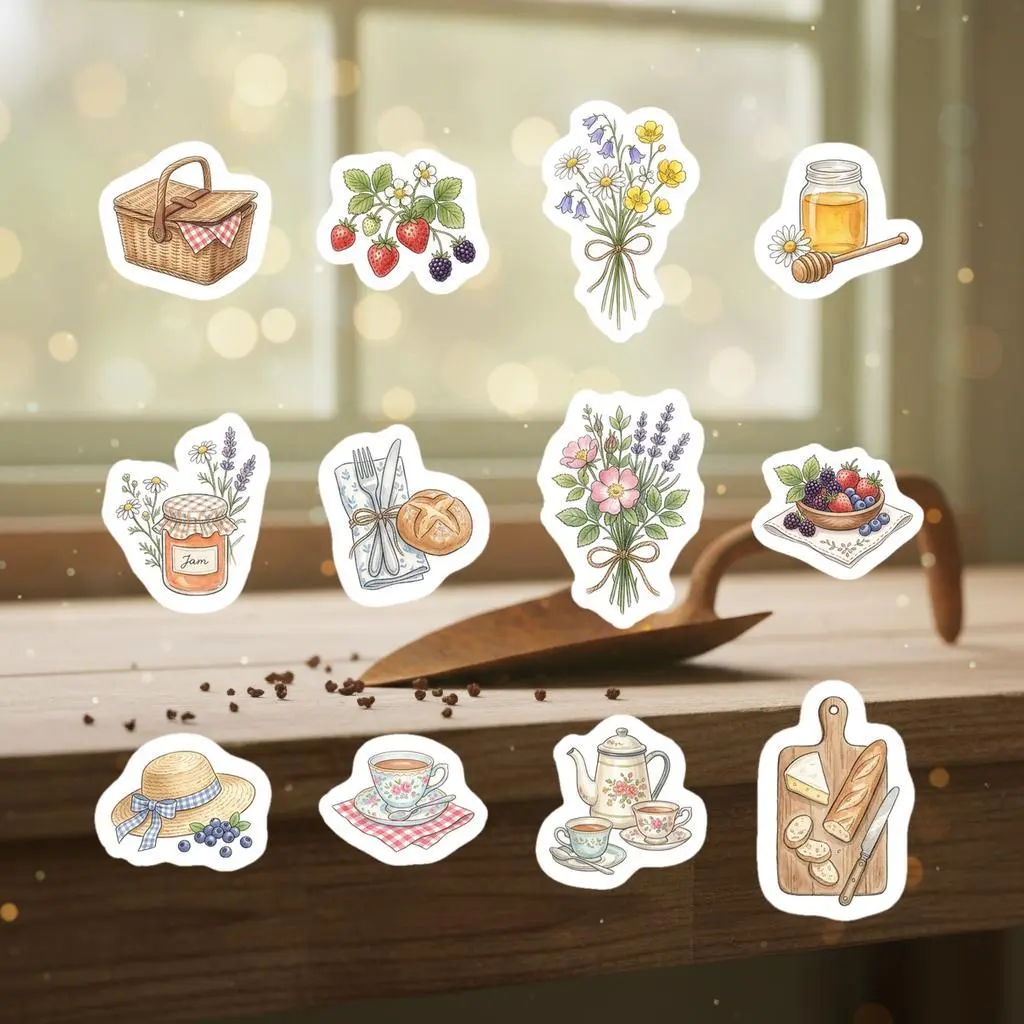 Cottagecore Picnic Watercolor Sticker Set, Lavender Teapot, Wildflowers, Journaling Decals (12 Pack)