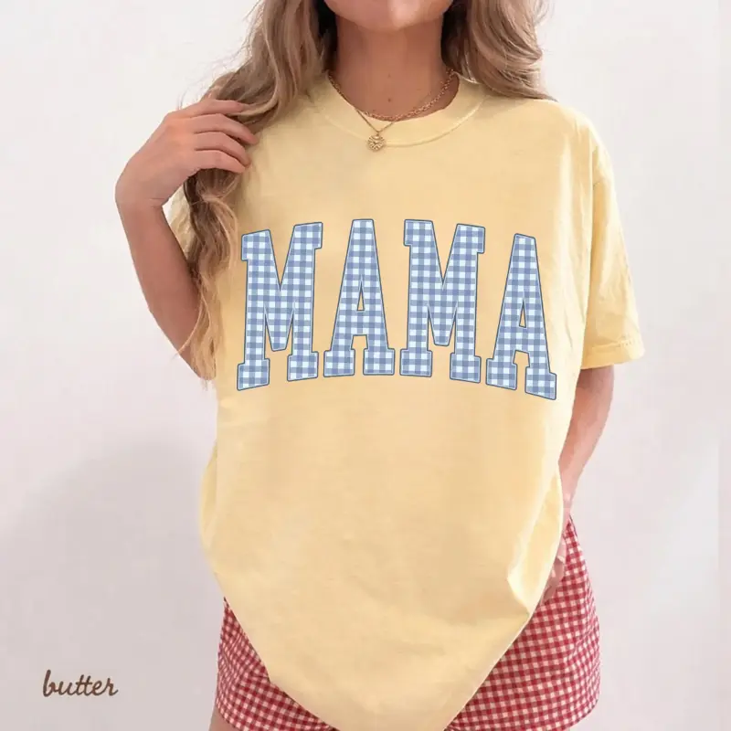 (Print) Comfort Colors Gingham Mama Shirt, Cute Mom Graphic Tee, Mother’s Day Gift for New Moms, Baby Shower Present, Women Outfit, Minimalist T-Shirt Top Womenswear