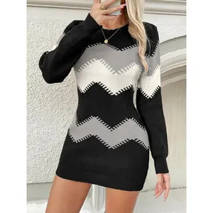 Women's color blocked Chevron printed stand up collar sweater dress, comfortable casual autumn long sleeved slim knit dress, fashionable women's autumn knitted clothing for daily wearRAIMENTRY