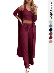 MG1 Cozy Three-Piece Pajamas Loungewear for Women, Ribbed Home Fabric Featuring a Long-Sleeve Cardigan, a Sleeveless Top, And Comfortable Pants, Perfect for Casual Sleepwear And Relaxing, Womenswear, Breathable