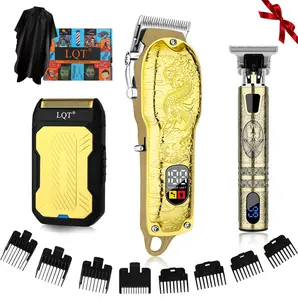 Vintage Dragon Carved LQT 3Pcs Professional Men Grooming Set,Cordless Rechargeable Hair Clipper,Zero Gap Detail Trimmer,Electric Foil Shaver with LCD Display,Full Limit Combs & Barber Cape for Salon Home Haircut