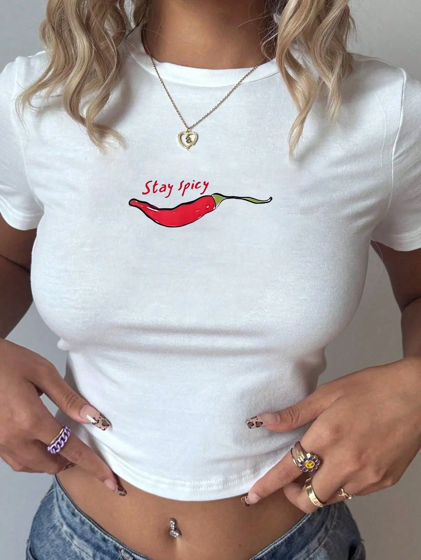 Y2K Style White Cropped Top Summer, "Stay Spicy" Graphic T-Shirt, Women Summer Holiday Beach Casual
