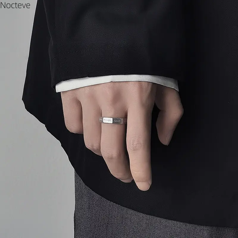 Men's 925 Sterling Silver Adjustable Plain Band Ring, Vintage Minimalist Ins Cool Style Single Finger Ring