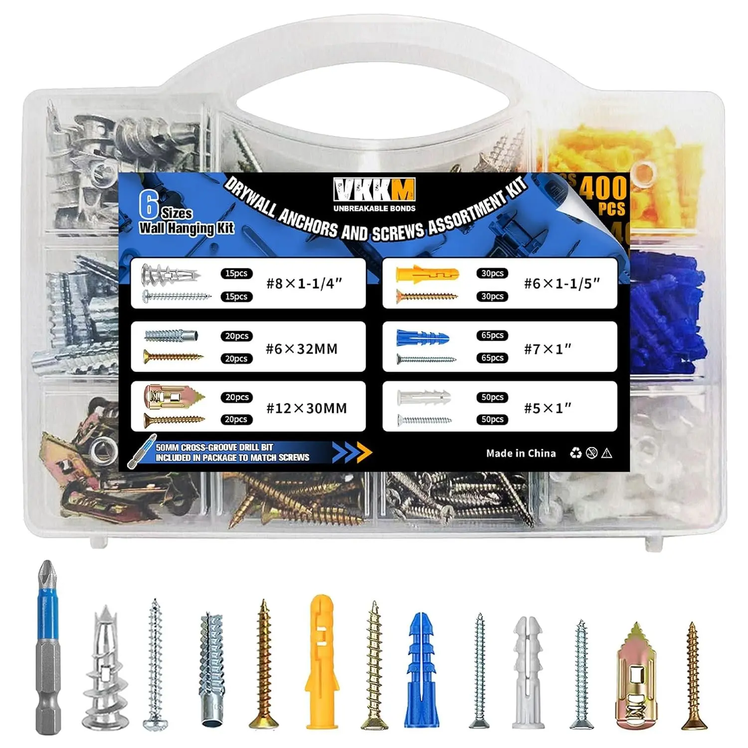 Drywall Anchors Assortment Kit, 400Pcs 6 Sizes Self Drilling and Plastifc Wall Anchors, Drywall Hanging Set for Pictures, Frames, Mirrors and Shelves, Bit Included
