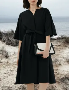 Vintage Notch Neck Pleated Sleeve Midi Dress