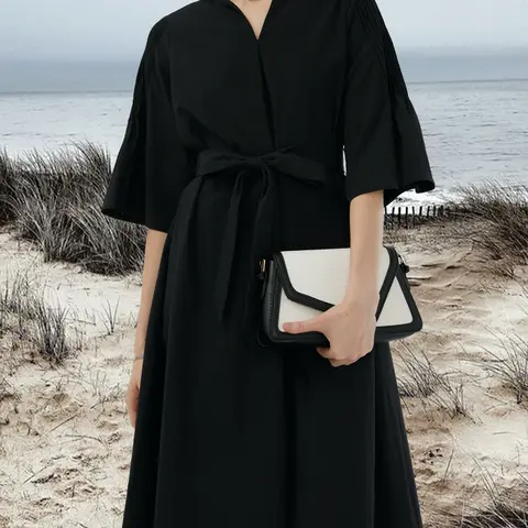 Vintage Notch Neck Pleated Sleeve Midi Dress