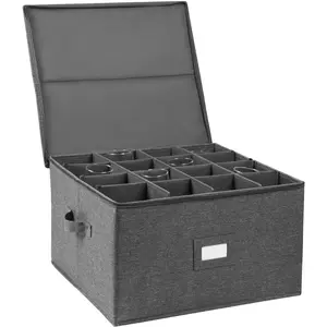 Stemware Storage Cases,  Glass Storage Box Containers with Dividers for Glassware or , Holds 16 Red or White  Glasses, Hard Top and Stackable (Grey)