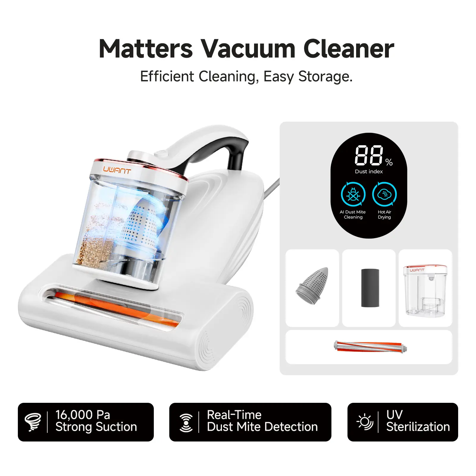 Uwant Anti-allergen Bed Vacuum Cleaner with UV Sterilization & Heating, Mattress Vacuum, Mite Remover Machine, 450W 16Kpa 36000RPM/MIN Bed Vacuum with 149℉ Heating &Ultrasonic, Smart Display Screen Mattress Vacuums for Skin Health