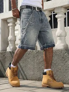 Men's Vintage Washed Splatter Denim Shorts, Summer Frayed Hem with Detachable Chain, Loose Straight Fit High Street Five-Pocket Jeans