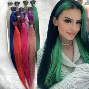 30g/50Strands I-Tip Human Hair Extensions Natural Straight, Multicolor Rainbow Highlights Pink/Purple/Blue/Green/Gray, 12-28 Inches, Real Human Hair, For All Ethnicities, Fashion Hair Styling & Versatile Highlights	