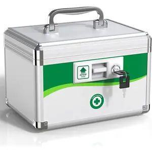 Medicine Lock Box with Keys, Medication Storage Lock Box, (Size-Small 10 * 6.9 * 6.9inch) First Aid Safe Layered Aluminum Daily Medicine Lockable Box with Key