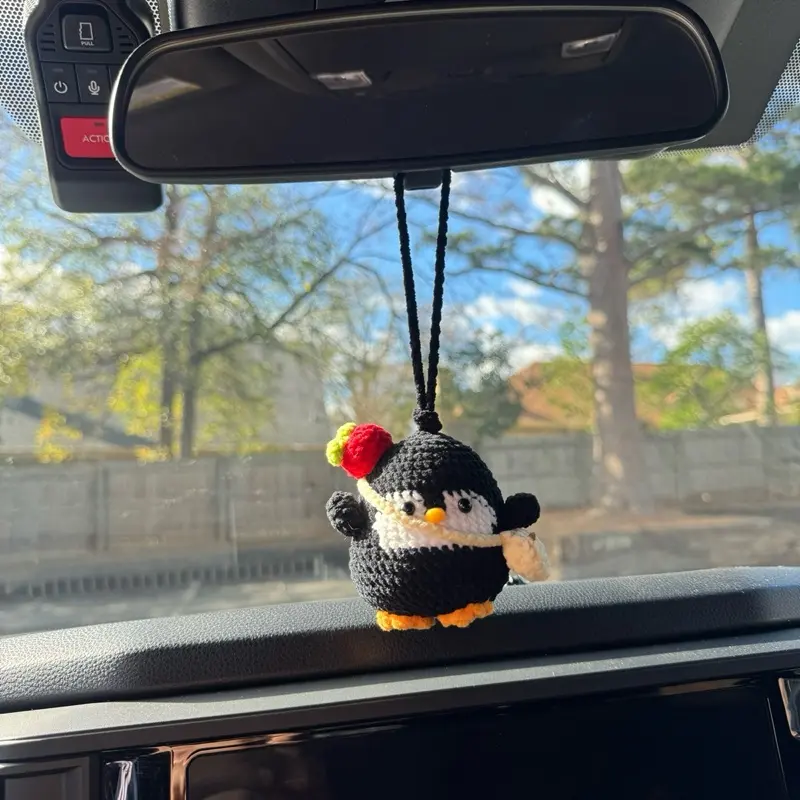 Crochet Penguin Car Hangable Keychain Made in Texas Premium Yarns Handmade Decorative Accessory for Car or Home