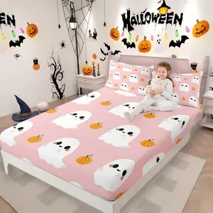 Cartoon Ghost Fitted Sheet Kawaii Gothic Bed Sheets Halloween Pumpkin Decorations,Pumpkin Lantern Bedding Set,Cute Shadows Pattern Spooky Silhouette Halloween Party Decorations