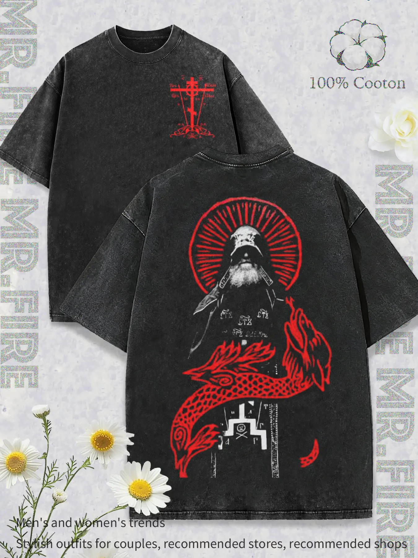 Dark Eastern Orthodox Subculture: T-shirt with Saint Imagery, Red Eastern Orthodox Iconic Cross Pattern T-shirt, Eastern Orthodox Saint/Monk Silhouette in Black Robe and Crown T-shirt,
