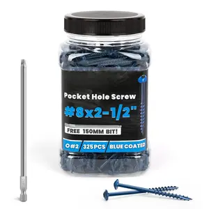 Pocket Hole Screws 2-1/2 Inch,  Pocket Screws #8 X 2-1/2", 325 count, Above 1000 Hour Salt Spray Blue Coated Pocket Hole Screw for Outdoor, Square Drive, 150MM Drive Bit Included