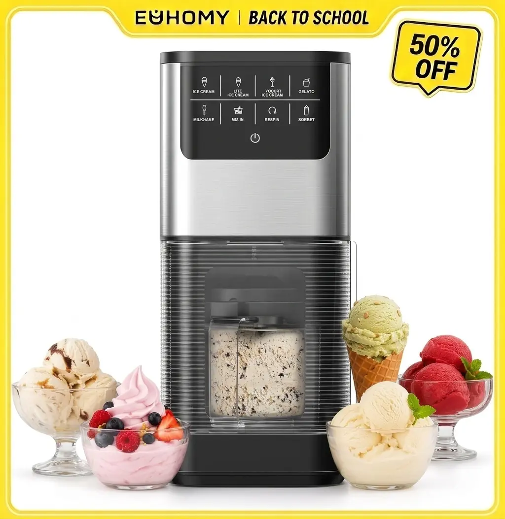 【Back To School】EUHOMY 7-in-1 Ice Cream Maker 1 Pint Compact Machine, Homemade Gelato Sorbet Milkshake Maker with Re-Spin Function for Keto Protein Healthy Desserts