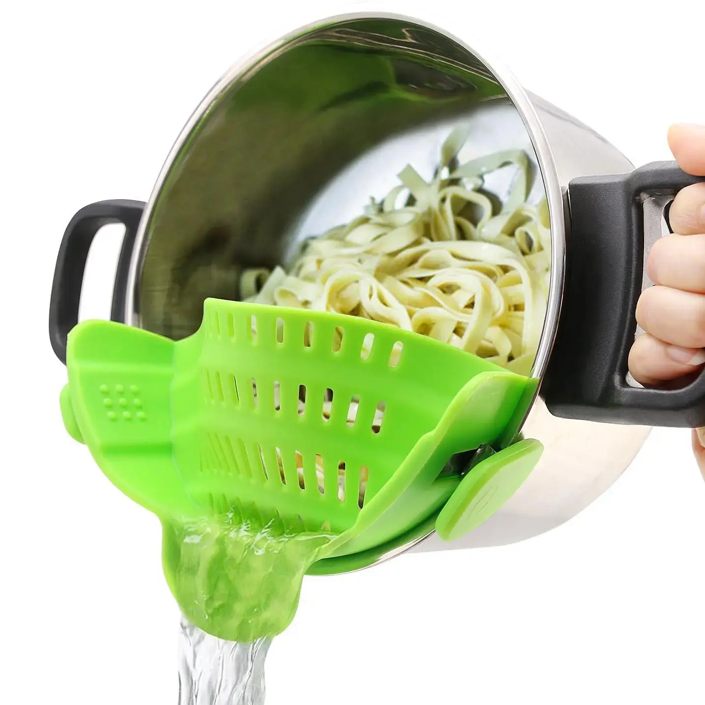 Sturdy Green Silicone Clip-On Pasta Strainer for Pots and Pans - Heat-Resistant Kitchen Colander, Space-Saving Cooking Utility Utensil for Draining Vegetables, Noodles